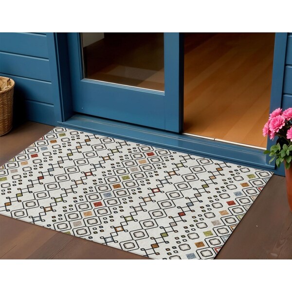 Homeroots 3' X 5' Ivory Red And Gray Geometric Washable Indoor Outdoor Area Rug 612184 - main