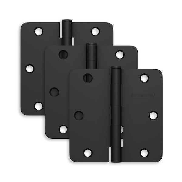 Schlage Residential Pack of 3 3-1/2in x 3-1/2in 1/4in Radius Corner Hinges Matte Black Finish, 3PK S3P1012FRP622 - main
