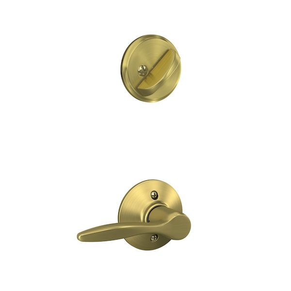 Schlage Residential Right Hand Delfayo Lever Interior Active Trim with 12326 Latch and 10269 Strikes Satin Brass Finish F59DEL608RH - main