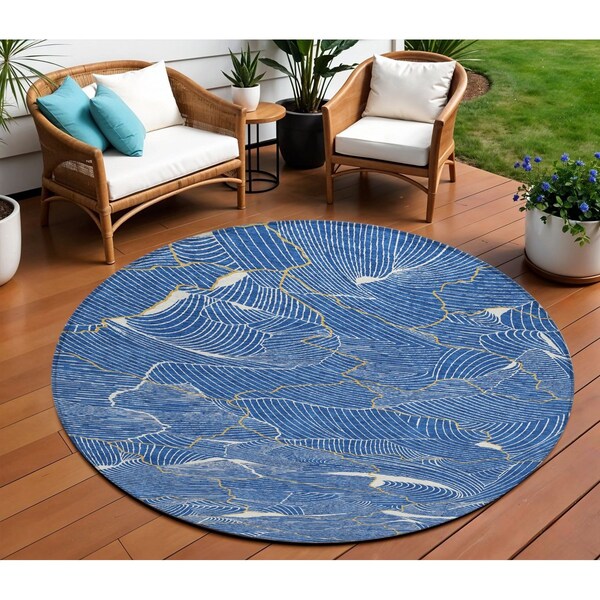 Homeroots 8' Blue Ivory And Gold Round Abstract Washable Indoor Outdoor Area Rug 601046 - main