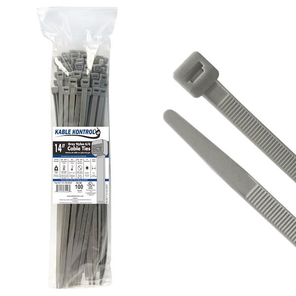 Kable Kontrol Color Cable Zip Ties, 14 in L, Gray, Nylon 6-6, 120 lb Strength, 100 PK CT-14-120-GRAY - main