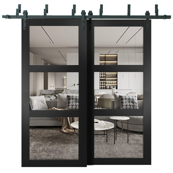 Sartodoors Sliding Closet Barn Bypass Doors, Lucia 2555 Matte Black with Clear Glass, Sturdy 6.6ft Rails Hard LUCIA2555BBB-BLK-84 - main
