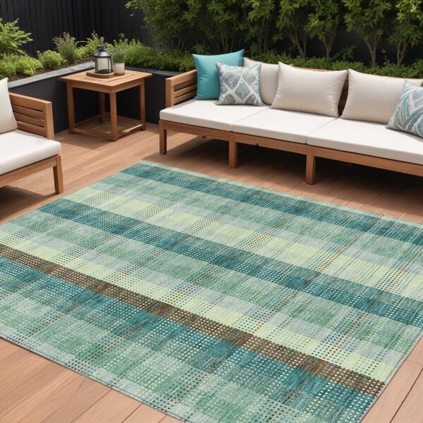 Homeroots 8' X 10' Sage Mint Green And Teal Blue Plaid Washable Indoor Outdoor Area Rug 614008 - main