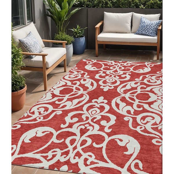 Homeroots 5' X 8' Red And Ivory Damask Washable Indoor Outdoor Area Rug 614456 - main