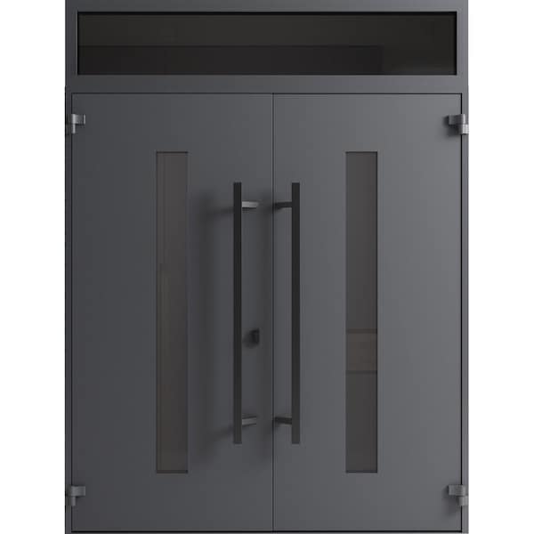 Vdomdoors Front Exterior Prehung Aluminum Double Doors Ronex0130 Grey Top Transom Mirrored Clear Glass Top RONEX0130DEXD-GRE-W72xH80+12-RH-O - main