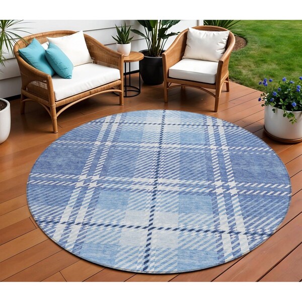 Homeroots 8' Denim Blue And Ivory Round Plaid Washable Indoor Outdoor Area Rug 596329 - main