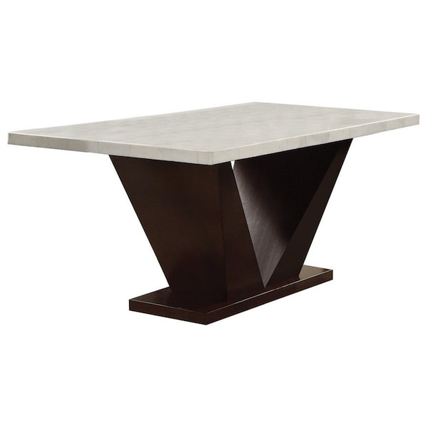 Homeroots 64" White And Dark Brown Marble And Solid Manufactured Wood Pedestal Base Dining Table 286018 - main
