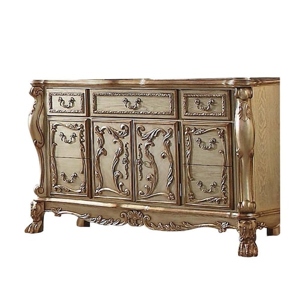 Homeroots 66in Gold Solid Wood Carved Scrollwork Seven Drawer Sideboard with Two Doors 347057 - main