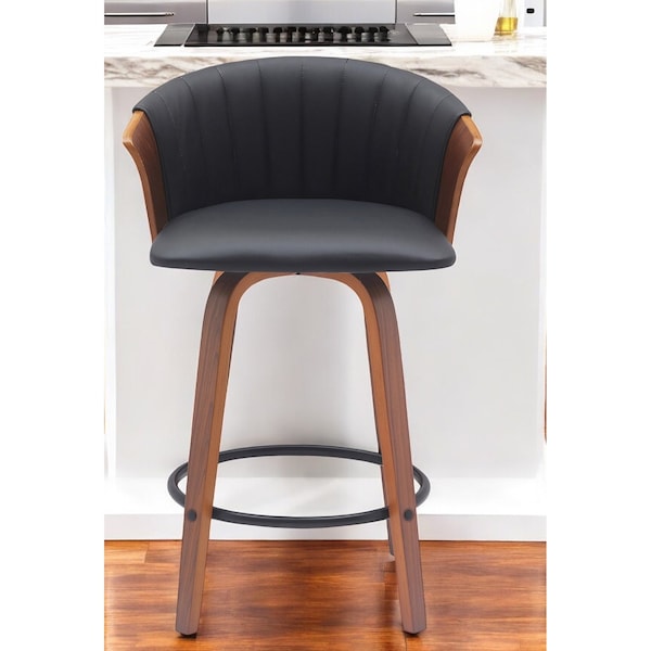 Homeroots 26" Black and Wood Brown Faux Leather with Solid Wood Swivel Counter Height Bar Chair 534418 - main
