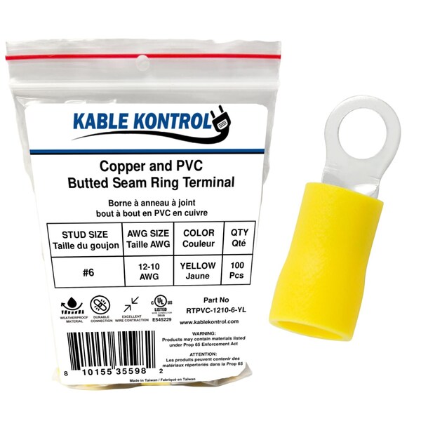 Kable Kontrol Copper and PVC Butted Seam Ring Terminal, 12-10 AWG, Stud Size # 6, Yellow, 100 Pcs, 100PK RTPVC-1210-6-YL - main