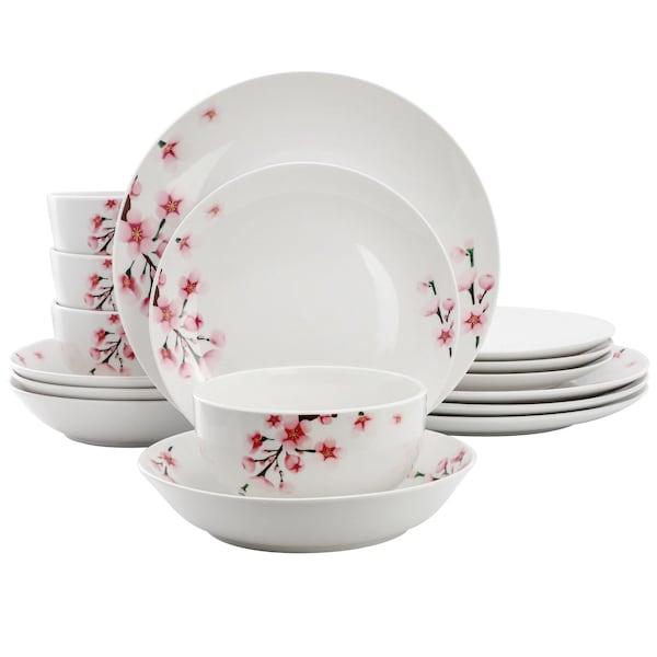 Elama Tamara 16 Piece Cherry Blossom Porcelain Double Bowl Dinnerware Set White and Pink 750123734M - main