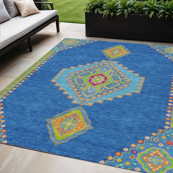 Homeroots 5' X 8' Denim Blue Red And Green Oriental Washable Indoor Outdoor Area Rug 598401 - main
