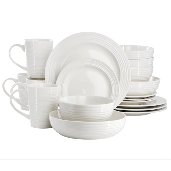 Elama Nikki 18 Piece Ribbed White Porcelain Dinnerware and Serving Bowl Set ELM-NIKKI-18 - main