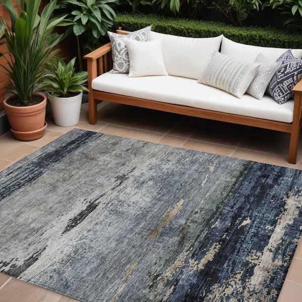 Homeroots 8' X 10' Navy Blue Gray And Black Abstract Washable Indoor Outdoor Area Rug 605964 - main