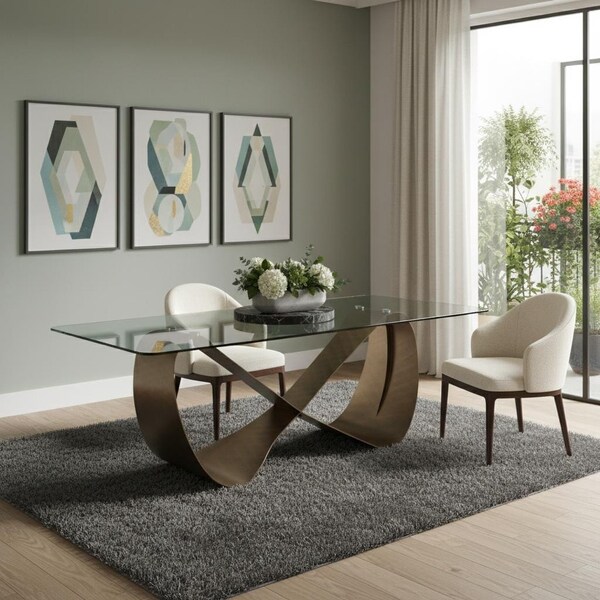 Homeroots 94" Clear and Bronze Glass and Steel Cross Leg Base Dining Table 718893 - main
