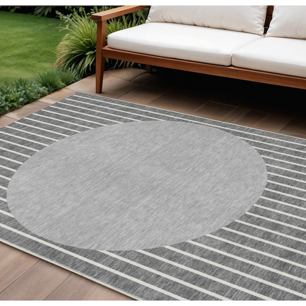 Homeroots 9' X 12' Gray And Ivory Striped Washable Indoor Outdoor Area Rug 597167 - main
