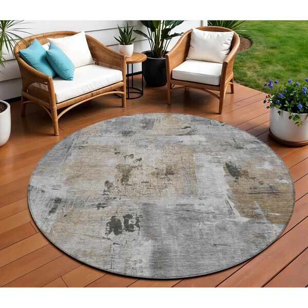 Homeroots 8' Gray Ivory And Brown Round Abstract Washable Indoor Outdoor Area Rug 596868 - main