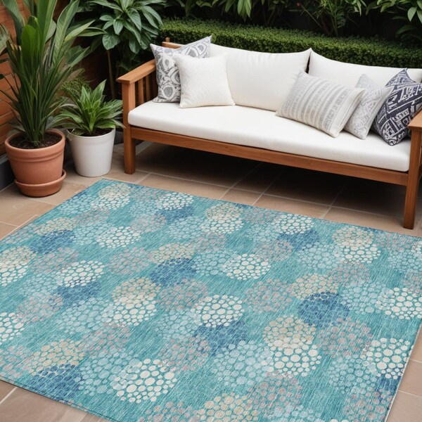 Homeroots 9' X 12' Teal Blue Gray And Ivory Polka Dot Washable Indoor Outdoor Area Rug 594290 - main
