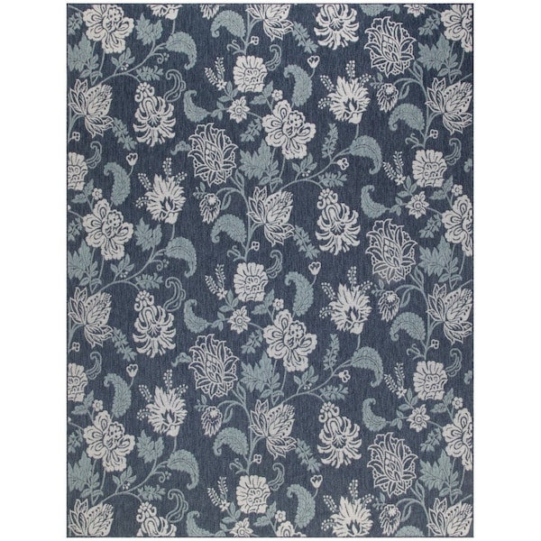 Homeroots 8' X 10' Navy Blue Sky Blue And Ivory Floral Indoor Outdoor Area Rug 550240 - main