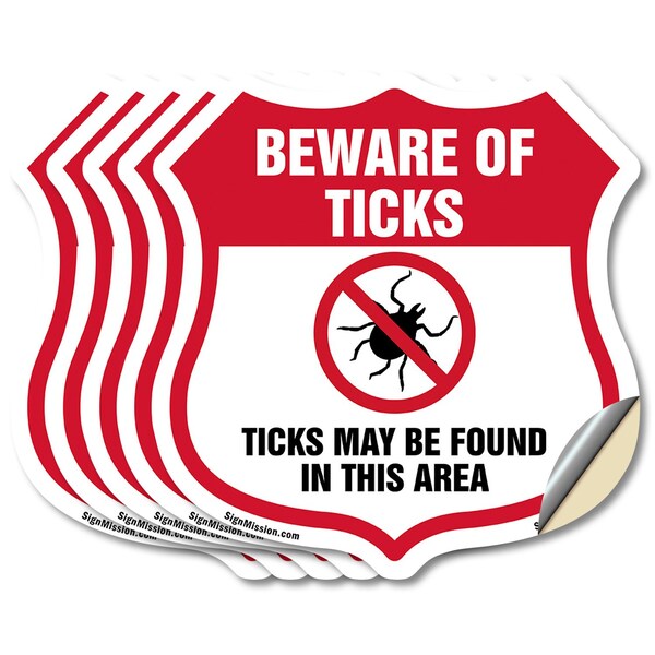Signmission Beware Of Ticks Shield Sign Ticks May Be, 4 inch X 4 inch, Vinyl Decal, 5PK SHI-D-5PACK-4-362 - main