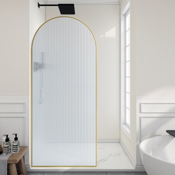 Anzzi Ember Series 74x 34in Framed Arch Fixed Shower Screen Door, Brushed Gold, 8mm Tempered Fluted Glass SD-AZ18-01BG-FL - main