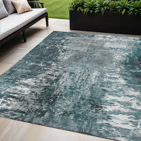 Homeroots 5' X 8' Teal Blue Gray And Charcoal Abstract Washable Indoor Outdoor Area Rug 582927 - main