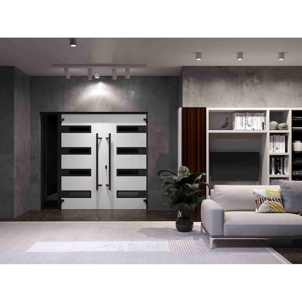 Vdomdoors Front Exterior Prehung Aluminum Double Doors Ronex0131 Grey 1 Sidelight Mirrored Clear Glass 1 RONEX0131DEXD-GRE-W72+14xH96-LH-O - main