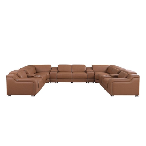Homeroots Chestnut Italian Leather Power Reclining U Shaped Twelve Piece Corner Sectional With Console 632555 - main
