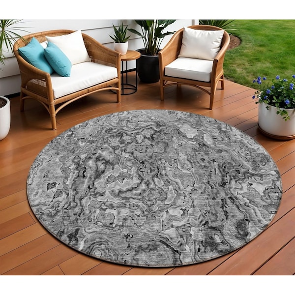 Homeroots 8' Gray Charcoal And Silver Round Abstract Washable Indoor Outdoor Area Rug 588470 - main