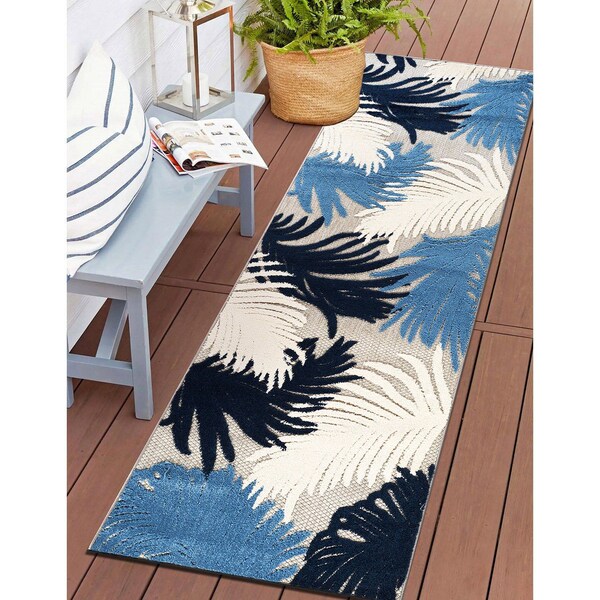 World Rug Gallery Amalfi Contemporary Tropical Floral Indoor/Outdoor Runner Rug 2 ft 7 in x 6 ft Navy 8013NAVY27X6 - main