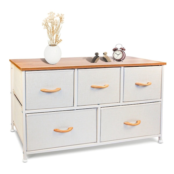 Homeroots 39in White and Natural White Fabric Chest With Two Shelves And Five Drawers 470357 - main