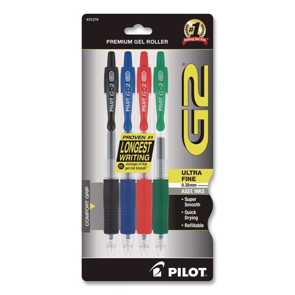 Pilot G2 Premium Gel Pen, Retractable, Ultra-Fine, 0.38 mm, Assorted Ink/Barrel Colors, 4PK 31276 - main