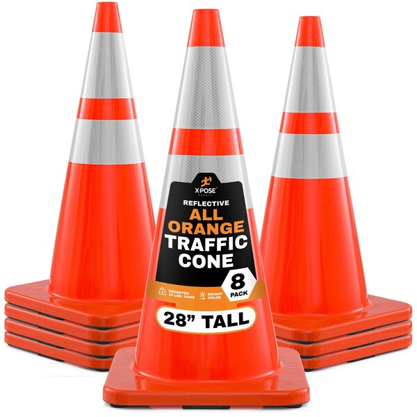 Xpose Safety 28 Inch Orange Traffic Cones Heavy Duty 10lb with 6in and 4in Collars, DOT Approved, 8PK AOTC28-64-10L-8-X - main