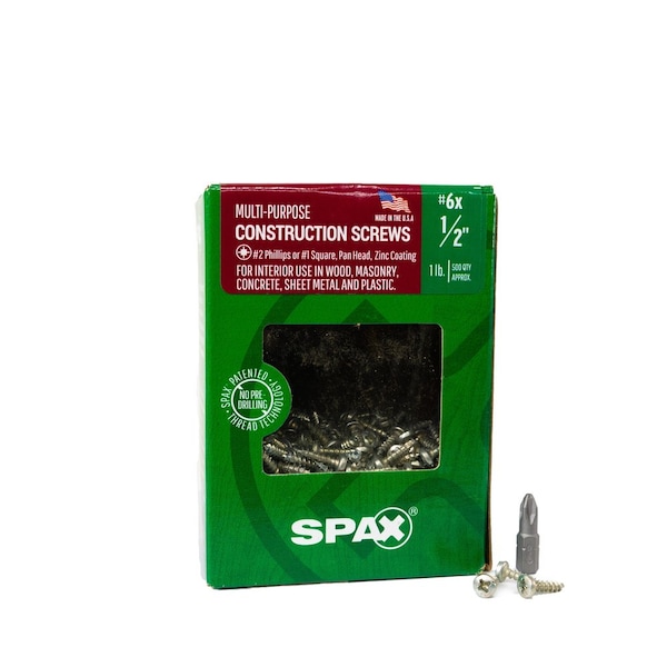 Spax #6 x 1/2 in Interior Wood Metal Screws Cabinet Pan Head Phillips Square Unidrive, 500PK 4111010350134 - main