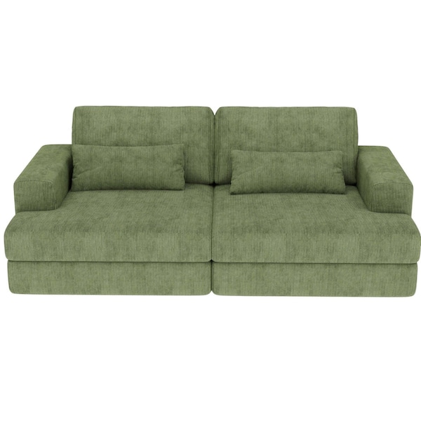 Homeroots 93" Green Corduroy Modular Stainless Steel Sleeper Sofa With Toss Pillows 706812 - main