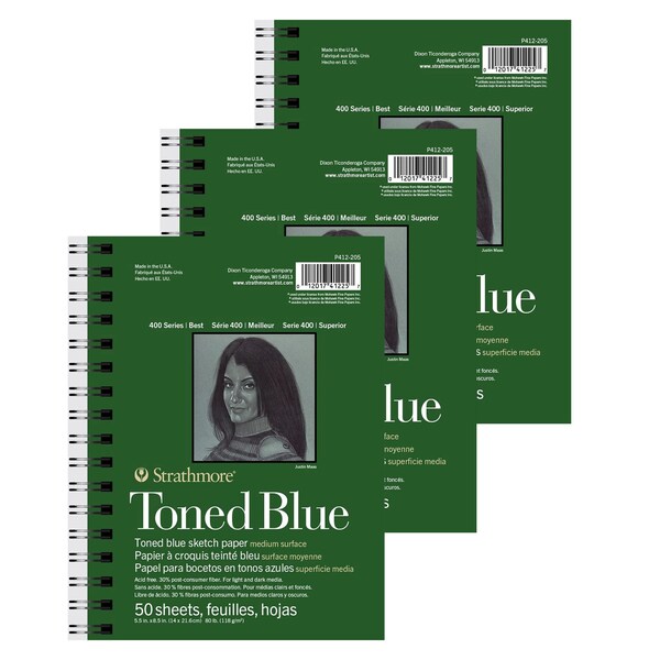 Strathmore 400 Series Sketch Pad, Recycled, Toned Blue, Side Wire Binding, 50 Sheet, 5.5x8.5 inch, 3PK P412-205-6 - main