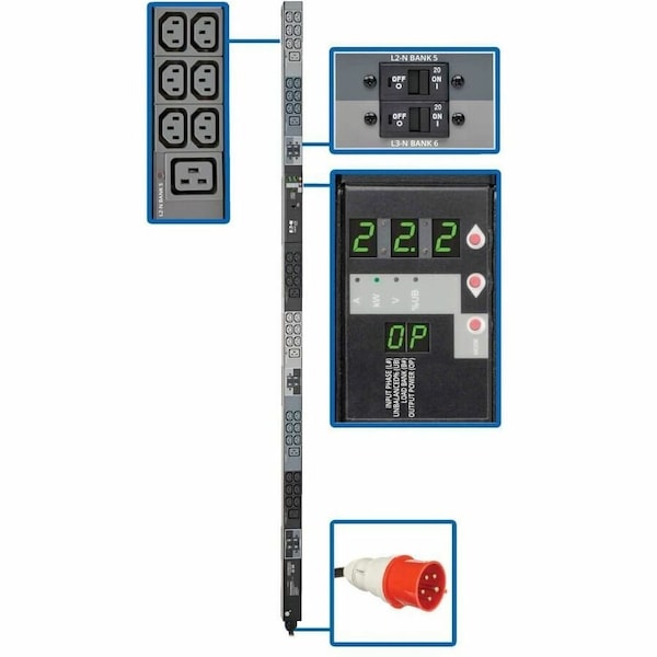 Eaton Tripp Lite Series 3-Phase Local Metered PDU, 23kW, 42 208-240V outlets 36 C13, 6 C19, IEC309 PDU3XMV6G32 - main