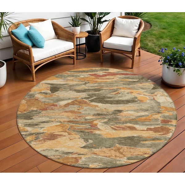 Homeroots 8' Copper And Orange Round Abstract Washable Indoor Outdoor Area Rug 609234 - main