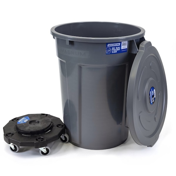 Magnum Tool Gray 55 Gallon Trash Can Set (Trash Can, Quiet Dolly, and Reinforced Lid) (1 Set) CMTC-CLD0-55G01 - main