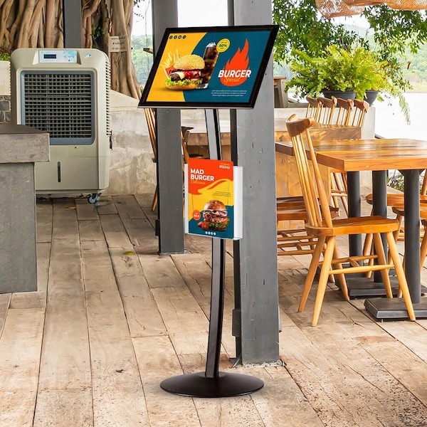 M&T Displays Black 18 x 22 Inch Pedestal Sign Holder with Clear Brochure Holder Menu Board Floor Standing UCUMBB1512X9002 - main