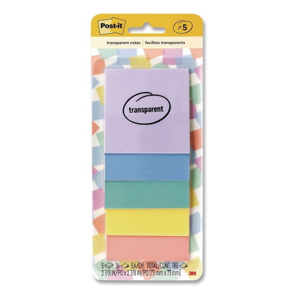 Post-It Transparent Notes, 2.88" x 2.88", Assorted Pastel Colors, 36 Sheets/Pad, 5PK 600-5PASTEL - main