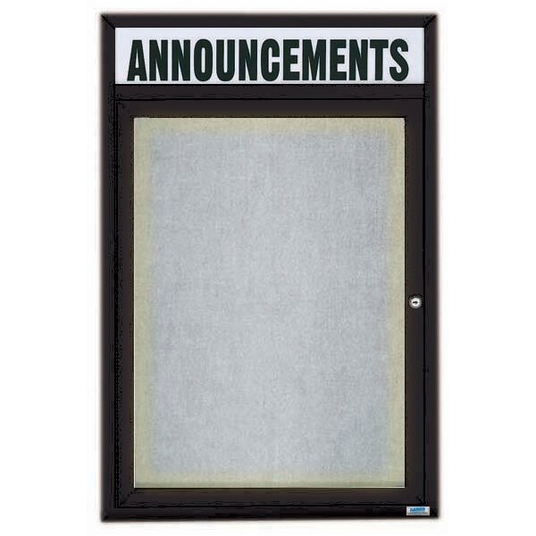 Aarco Illuminated Outdoor Enclosed Bulletin Board w/ Al Frame Header, Powder Coated Black, 24''Hx18''W ODCC2418RHIBK - main