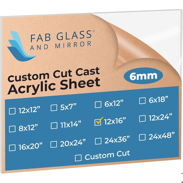 Fab Glass And Mirror Acrylic Sheet Plexiglass, Rectangle PET Sheet 12in x 16in with Protective Film, 1/4in Clear Pan... ACR6M12X16RC - main
