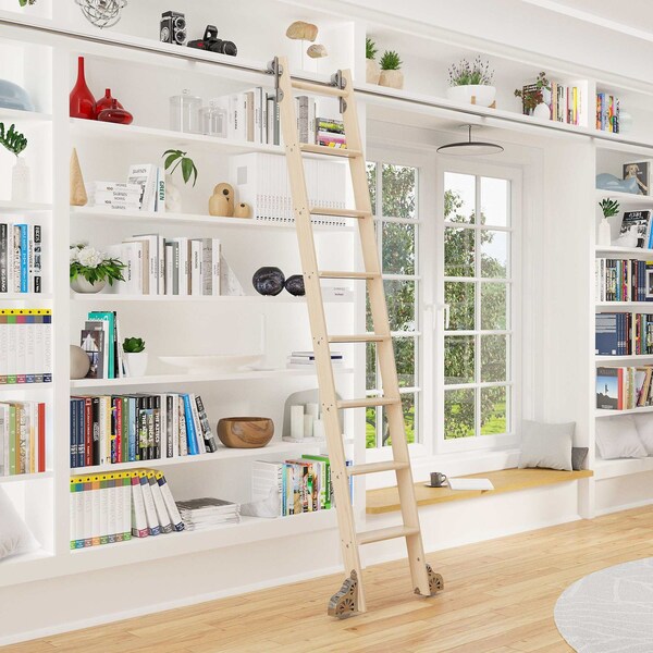 Quiet Glide 8.06 ft. Maple Sunburst Wheel Polished Chrome Rolling Hook Removable Ladder, 12 ft. Rail QG.510-8MA-12-H.04 - main