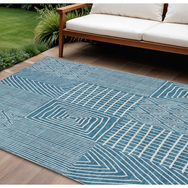Homeroots 10' X 14' Teal Blue And Ivory Geometric Washable Indoor Outdoor Area Rug 596979 - main