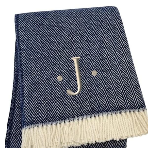 Homeroots 55" X 70" Navy Blue And White Herringbone Cotton Blend J Throw Blanket with Tassels And Embroidery 680223 - main