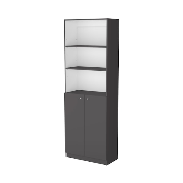 Homeroots 71" Gray And White Wood Three Tier Bookcase with Two Doors 546197 - main