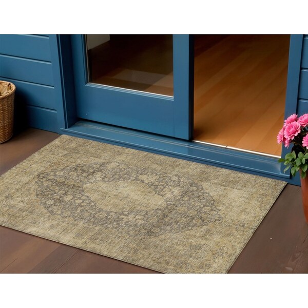 Homeroots 3' X 5' Brown And Beige Medallion Washable Indoor Outdoor Area Rug 616448 - main