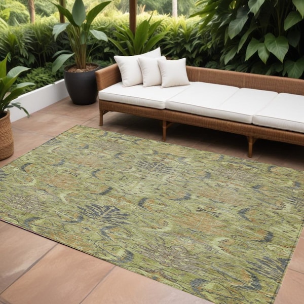 Homeroots 8' X 10' Artichoke Green Gray And Tan Damask Washable Indoor Outdoor Area Rug 603302 - main