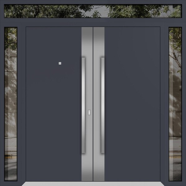Vdomdoors Metal Double Doors Deux 0729 Gray Graphite Stainless Steel Insert 2 Sidelights and Top Transom Entr DEUX0729DEXD-GRE-W12+72+12xH96+16-LH-I - main